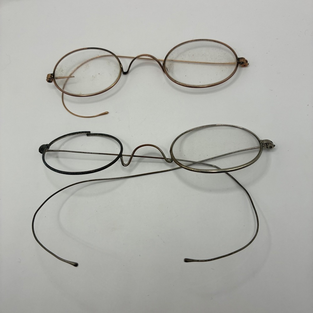 Vintage Antique Wire Rim Spectacles Lot 2 Pair Saddle Bridge Cable Parts Scrap
